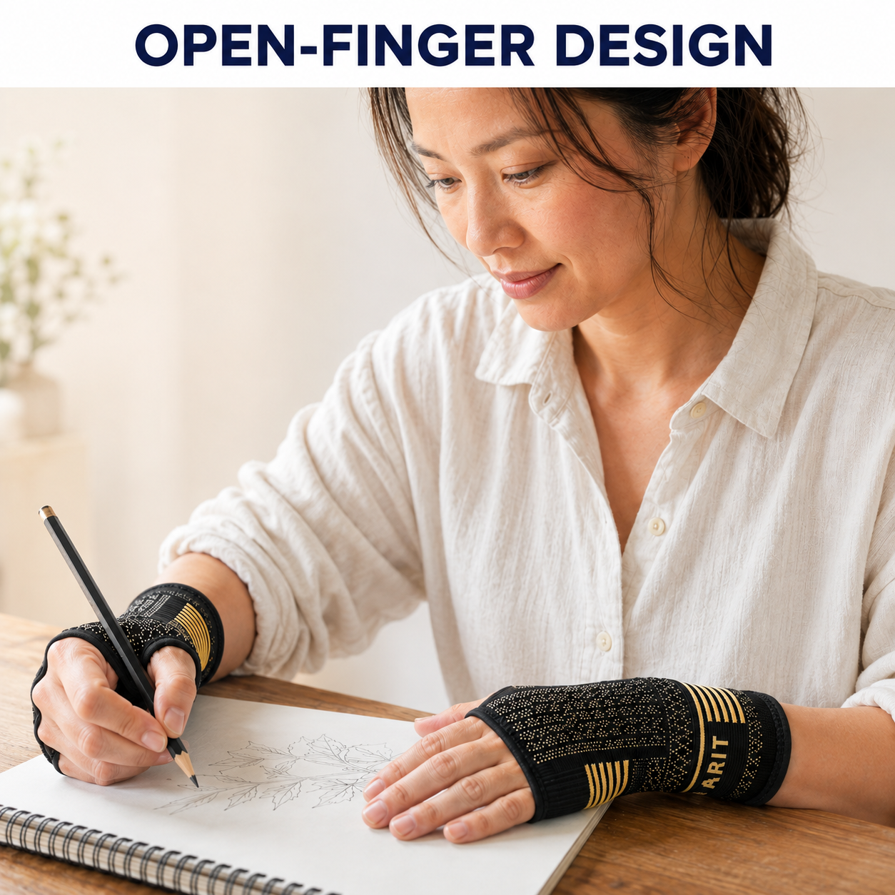 AI illustration of a woman sketching while wearing open-finger wrist compression sleeves