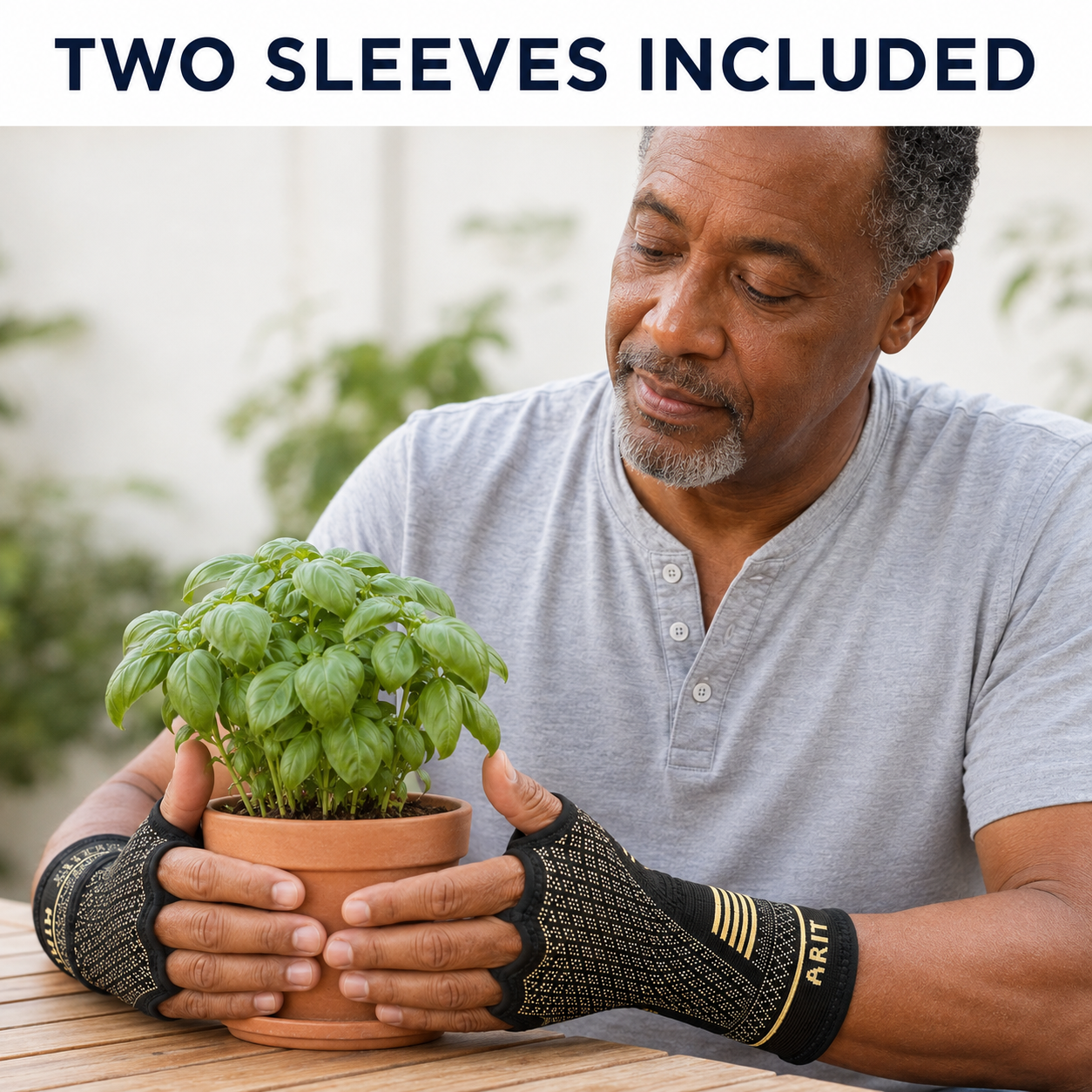 AI illustration of a man tending a potted plant wearing two wrist sleeves with thumb openings